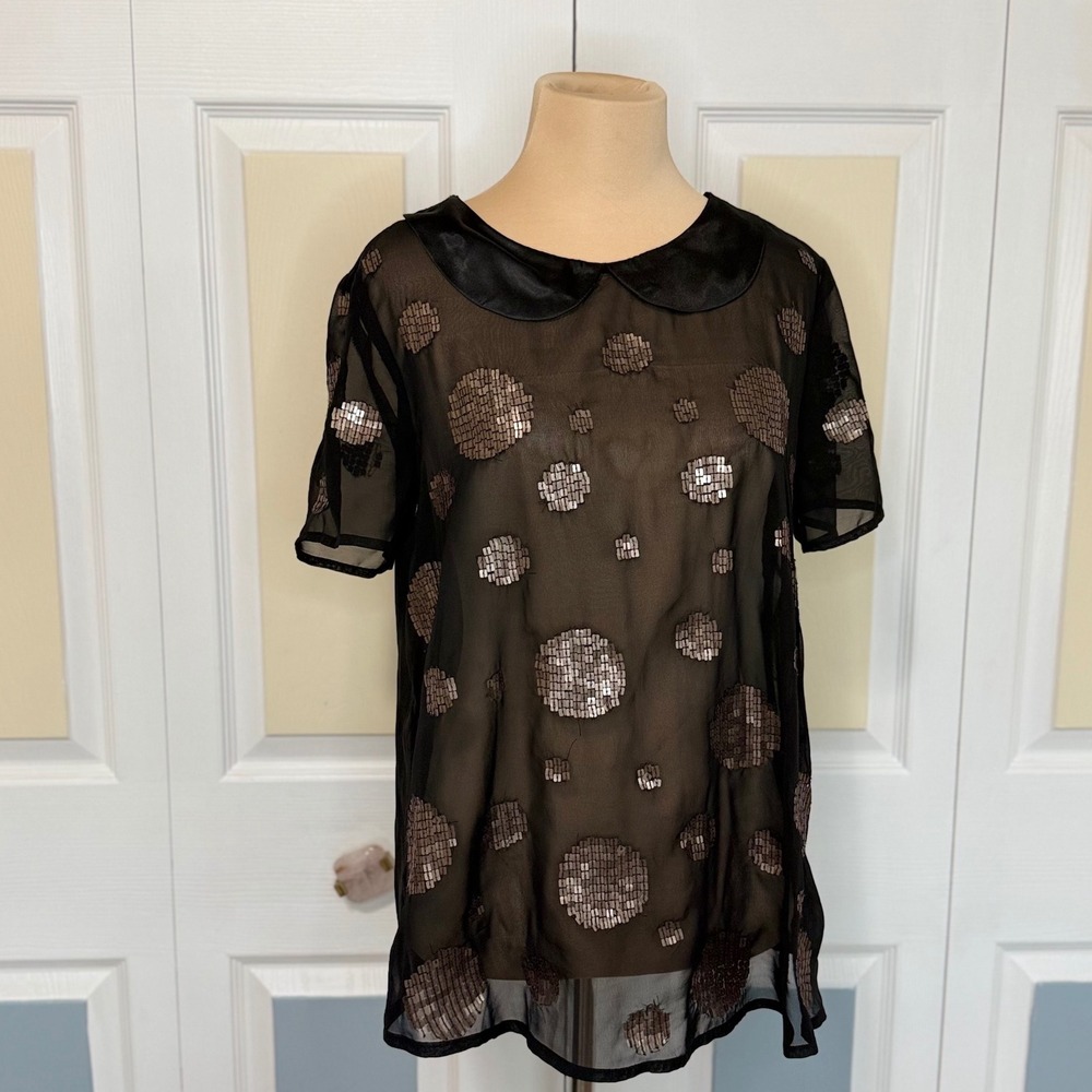 Cremieux Black Sheer Gold Sequin Polka Dot Peter Pan Satin Collar Blouse Small